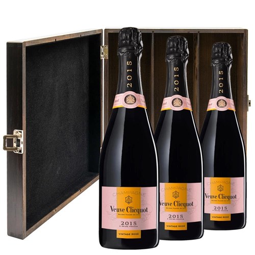 Veuve Clicquot Vintage Rose 2015 Champagne 75cl Treble Elm Wood Gift Boxed Champagne (3x75cl)